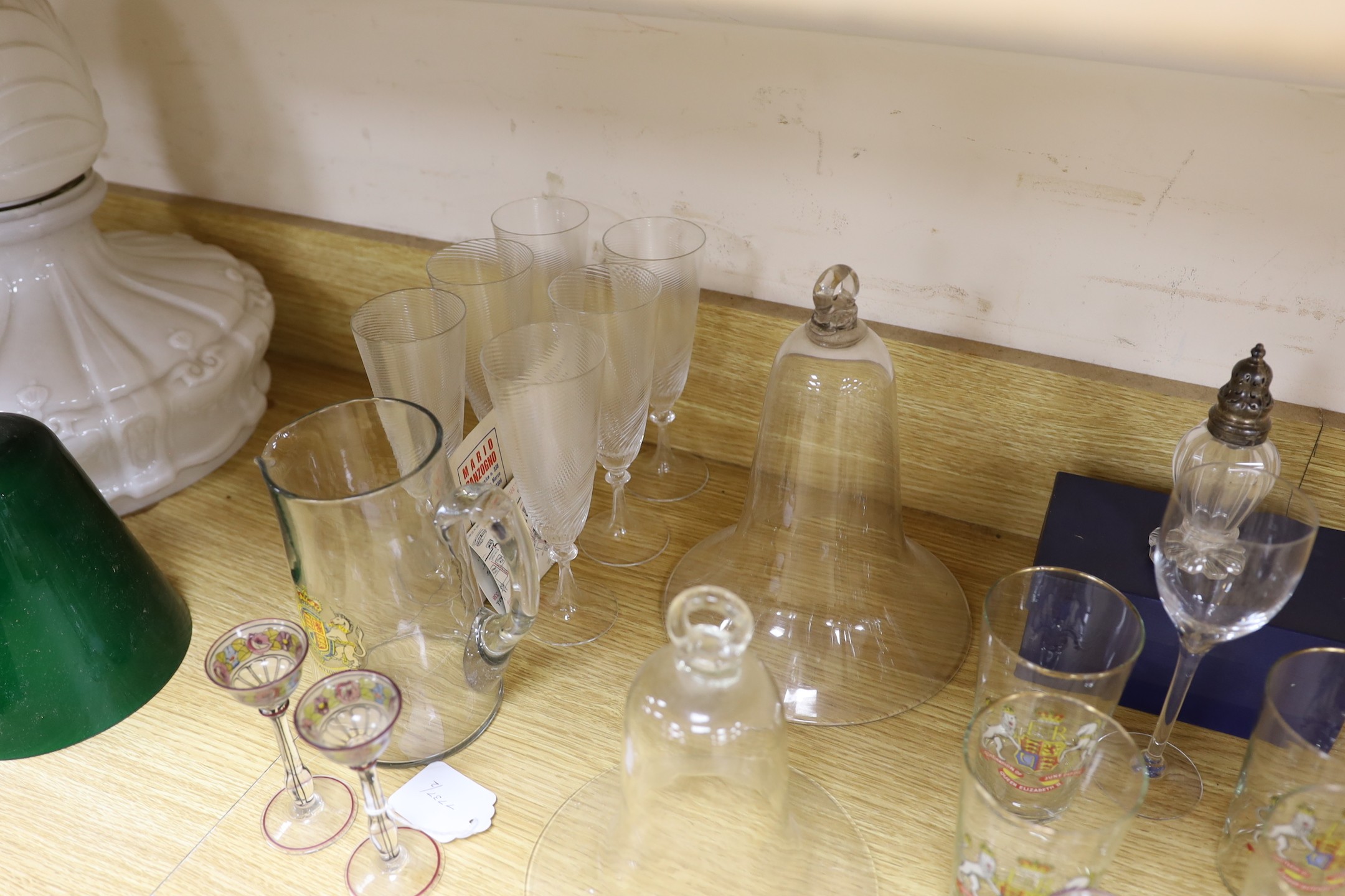 A selection of glassware, to include a set of six Murano wine glasses, four Meyr’s Neffe style liqueur glasses, two candle sconces, etc.